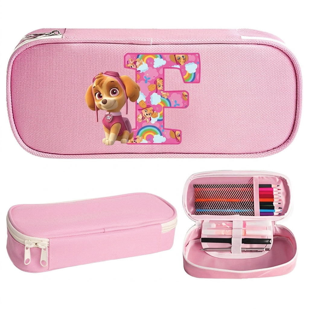 Trousse Pat' Patrouille rose Stella, initiale F en lettre arc-en-ciel sur le dessus, trousse plate à fermeture éclair