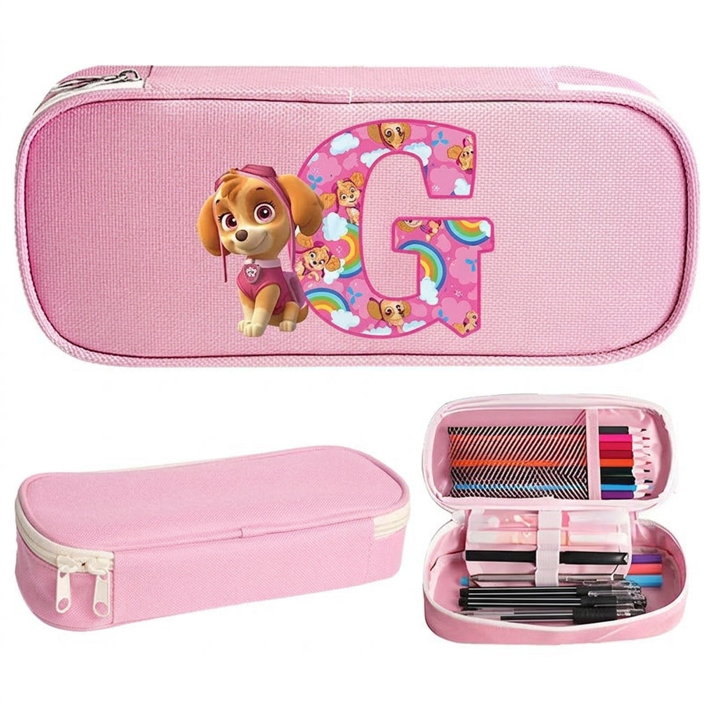 Trousse Pat' Patrouille rose Stella, initiale G en lettre arc-en-ciel sur le dessus, trousse plate à fermeture éclair