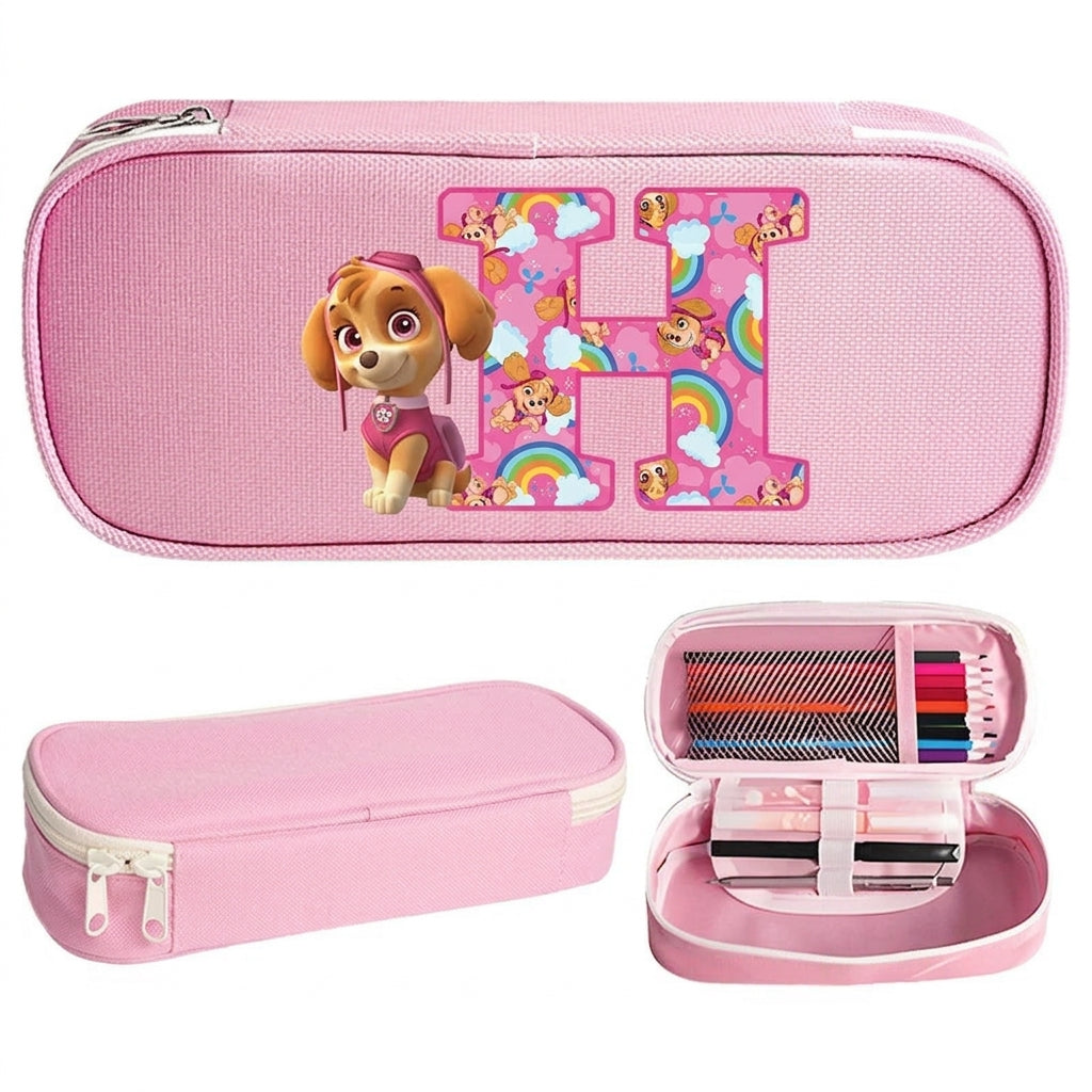 Trousse Pat' Patrouille rose Stella, initiale H en lettre arc-en-ciel sur le dessus, trousse plate à fermeture éclair