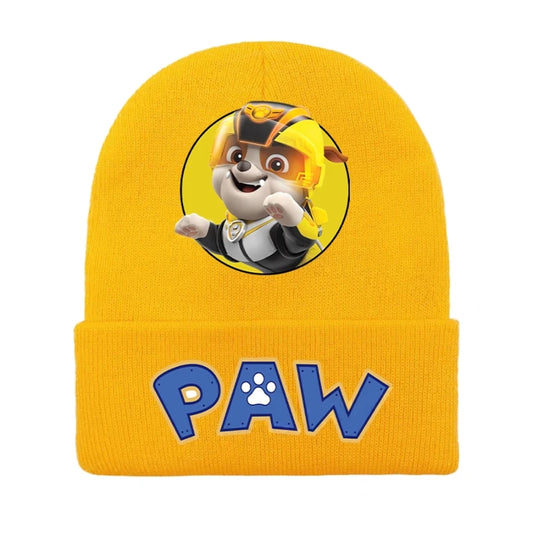 Bonnet tricot jaune Pat Patrouille avec motif chien et lettres « PAW »
