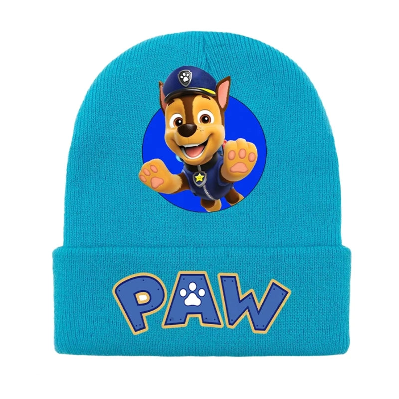 Bonnet tricot bleu canard Pat Patrouille Chase, écusson chiot et « PAW »
