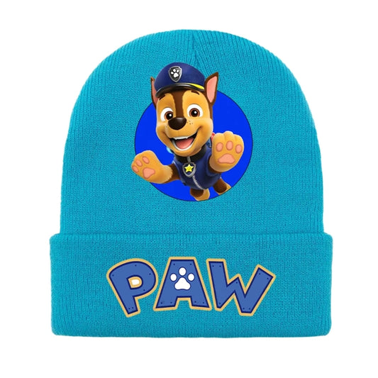 Bonnet tricot bleu canard Pat Patrouille Chase, écusson chiot et « PAW »
