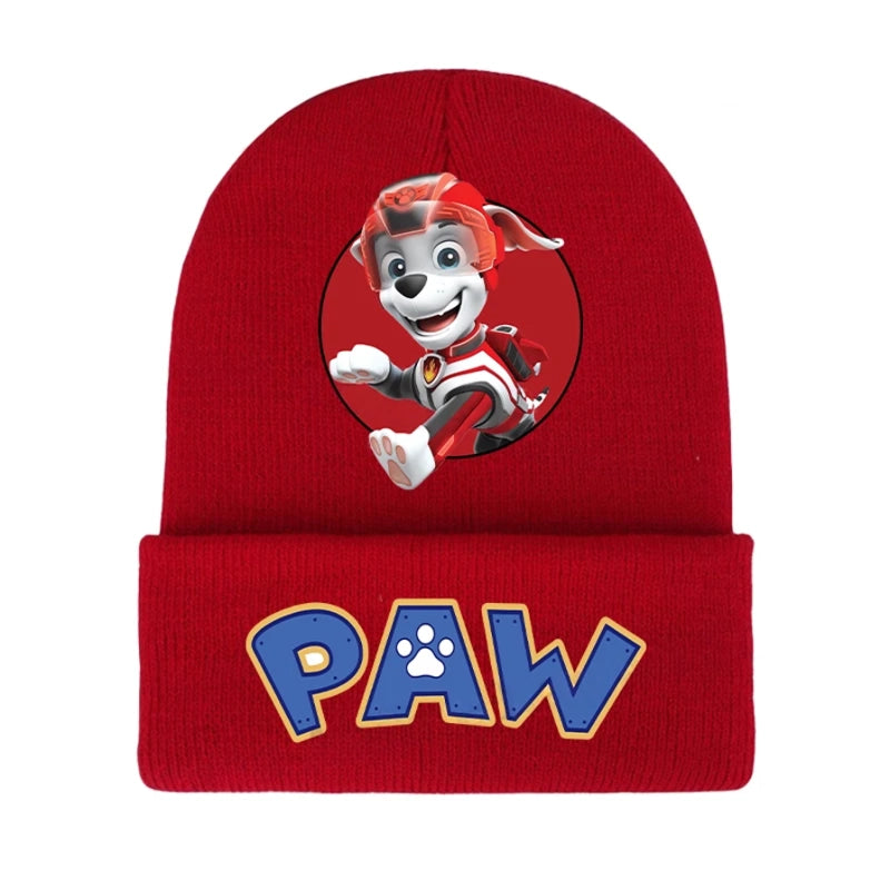 Bonnet Pat Patrouille rouge en tricot, personnage Marcus et logo PAW brodés