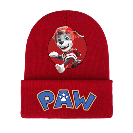 Bonnet Pat Patrouille rouge en tricot, personnage Marcus et logo PAW brodés