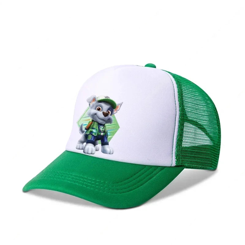 Casquette Pat Patrouille Rocky, devant blanc et arrière vert en maille, visière verte.