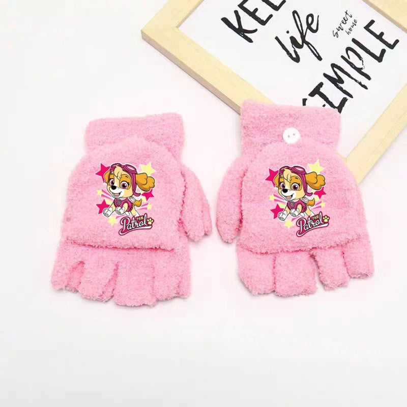 Paire de gants Pat Patrouille roses en peluche, motif de chiot Stella et étoiles.